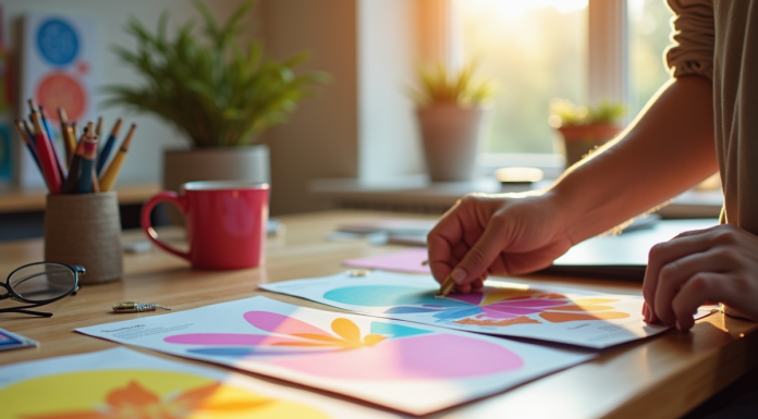 Flyer original : conseils pour une création impactante et efficace Mains d'un créatif organisant des flyers colorés sur un bureau lumineux