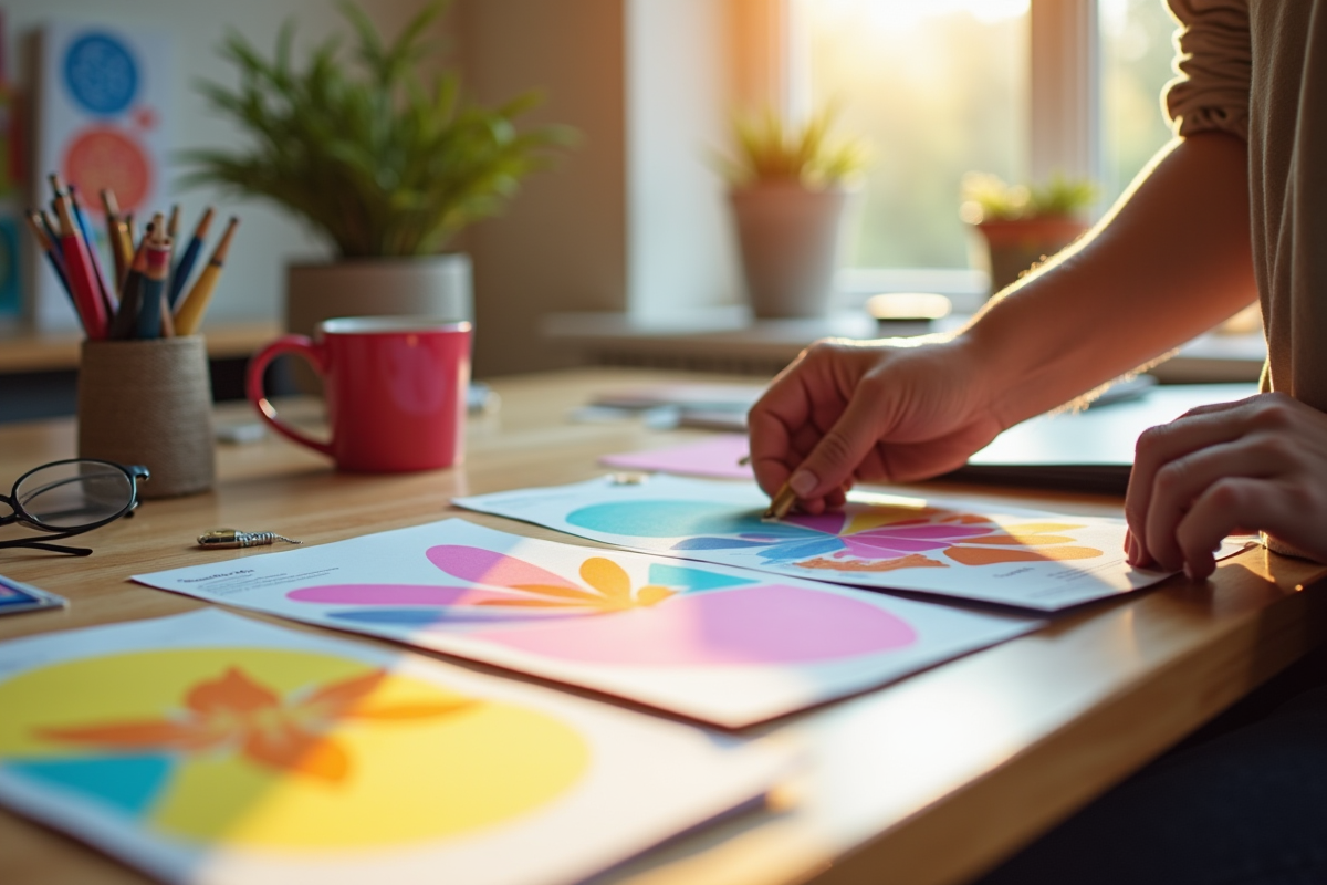 Mains d'un créatif organisant des flyers colorés sur un bureau lumineux
