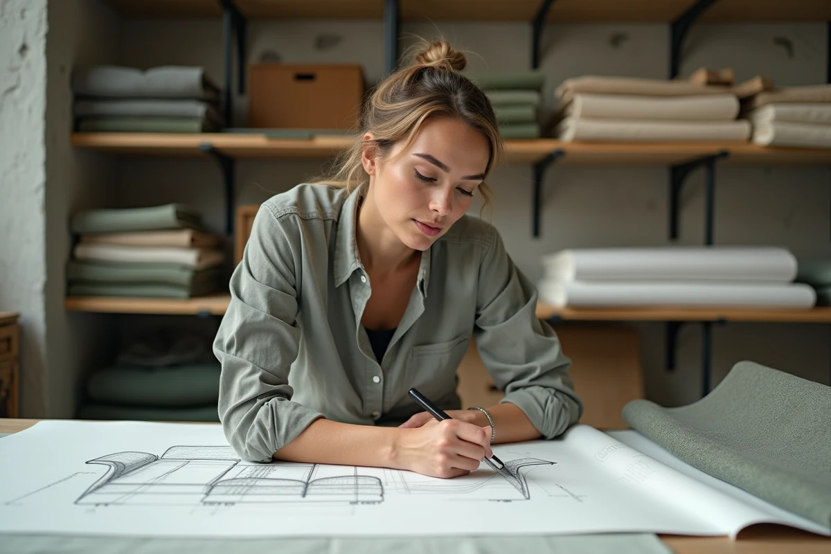 Designeuse de canapé travaillant sur des croquis et des échantillons de tissu dans un atelier de design industriel