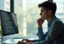 Jeune professionnel réfléchissant devant un écran de code C