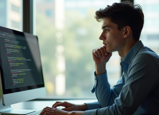 Jeune professionnel réfléchissant devant un écran de code C