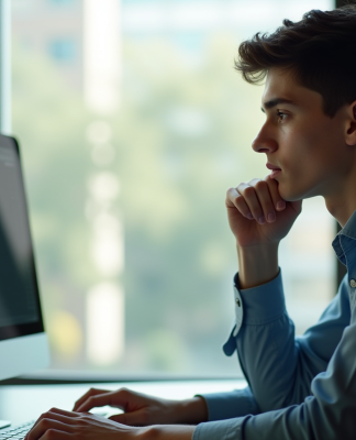Jeune professionnel réfléchissant devant un écran de code C