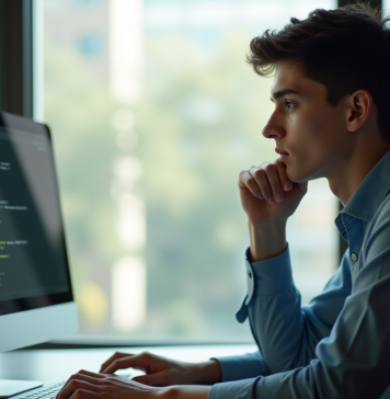 Jeune professionnel réfléchissant devant un écran de code C