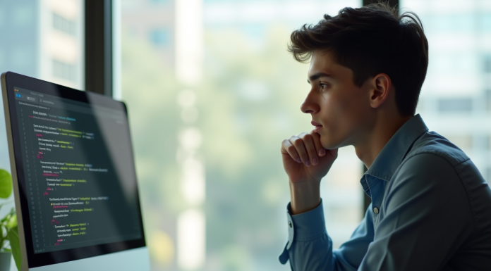 Jeune professionnel réfléchissant devant un écran de code C