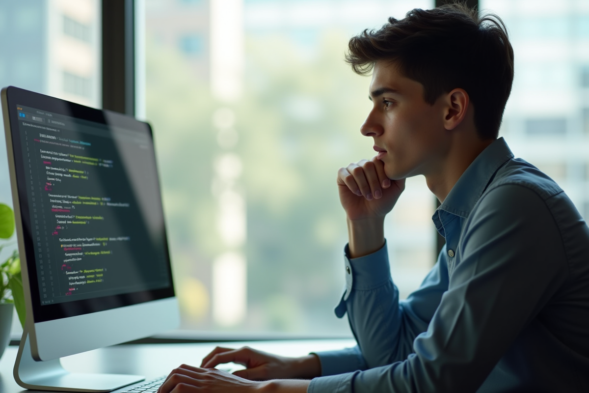 Jeune professionnel réfléchissant devant un écran de code C