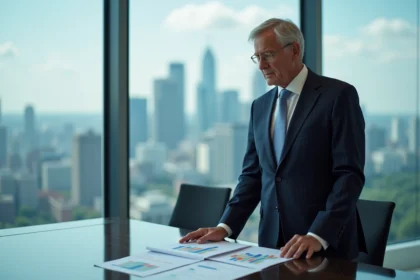 Dirigeant senior en costume dans une salle de réunion moderne avec vue sur la ville, symbolisant le leadership stratégique face à la concurrence dans l'industrie cosmétique