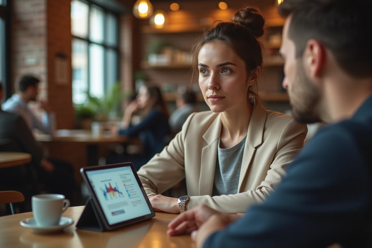 Femme dans un café examinant avec prudence un schéma d'investissement affiché sur une tablette, regard interrogateur et méfiant