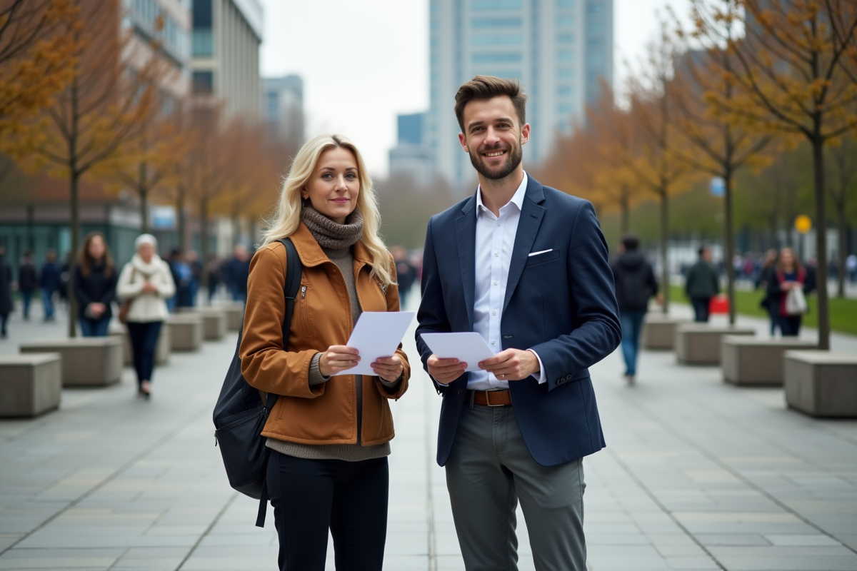 Jeune homme et femme distribuant des pamphlets en ville
