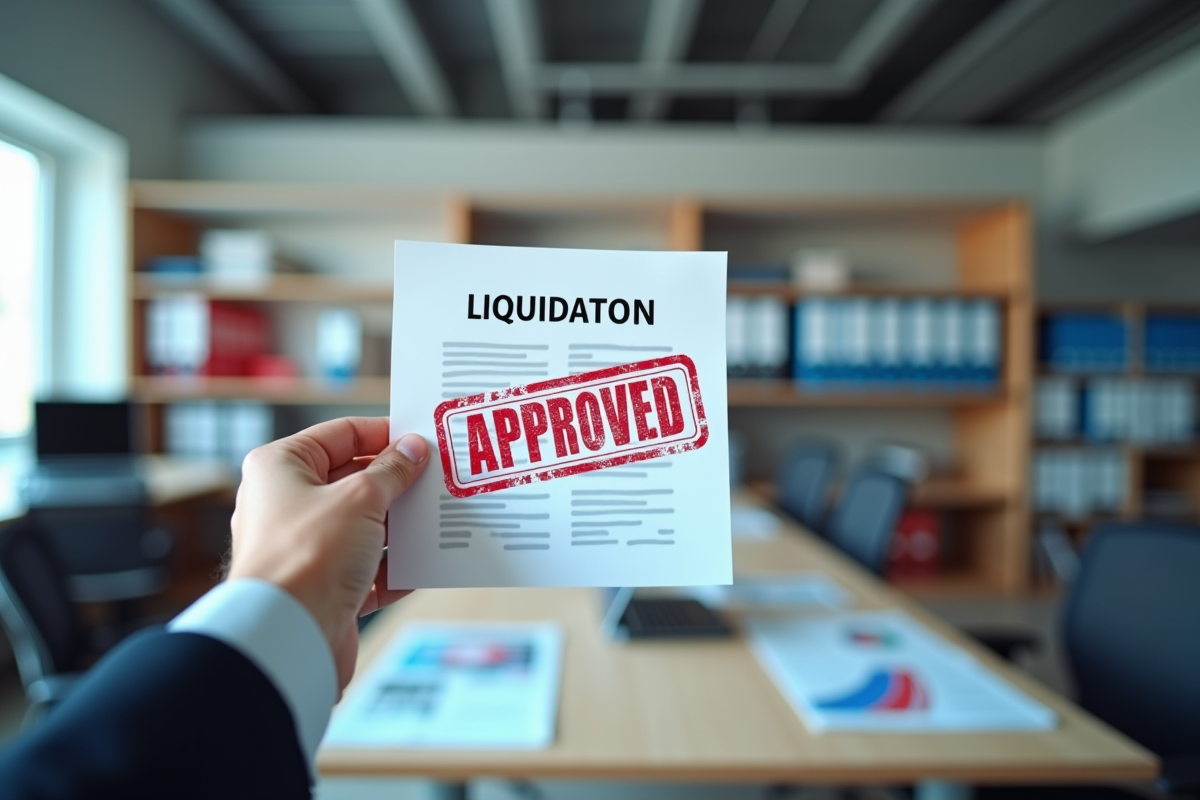 Main tenant un document de liquidation approuve avec fichiers et drapeau francais