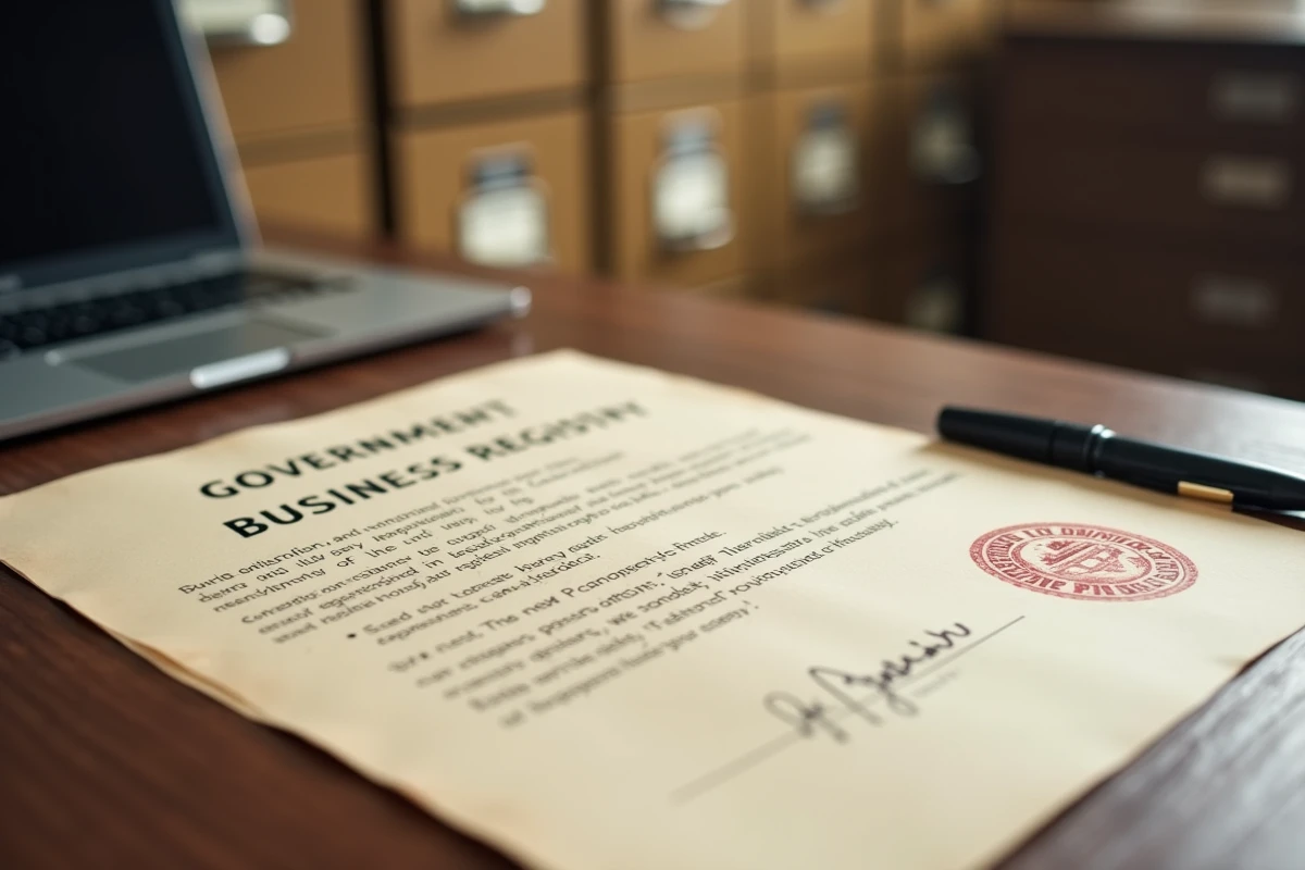 Document officiel de registre d'entreprise avec cachet administratif sur un bureau institutionnel