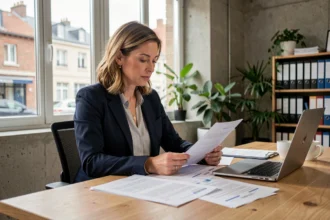 Femme entrepreneur examinant des documents administratifs pour la domiciliation de son entreprise en Seine-et-Marne