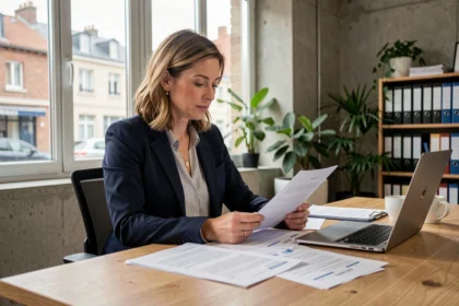 Femme entrepreneur examinant des documents administratifs pour la domiciliation de son entreprise en Seine-et-Marne