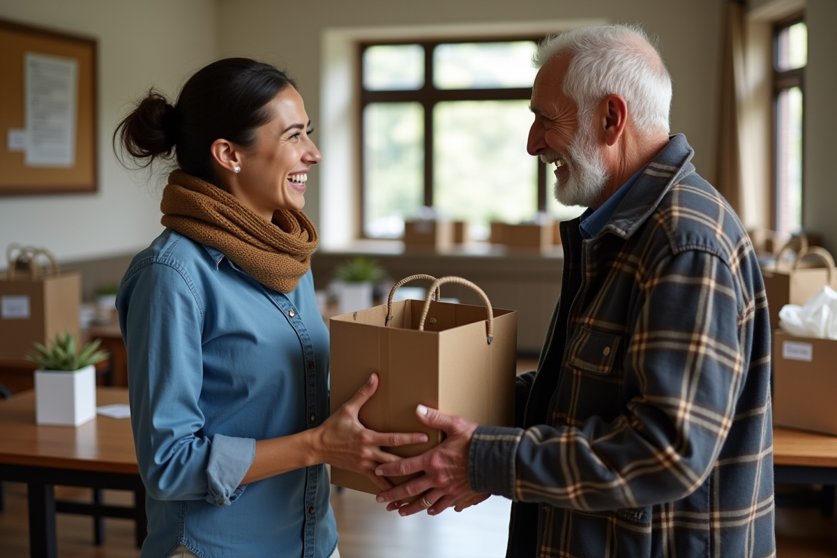 Femme donnant un sac de courses à un homme âgé