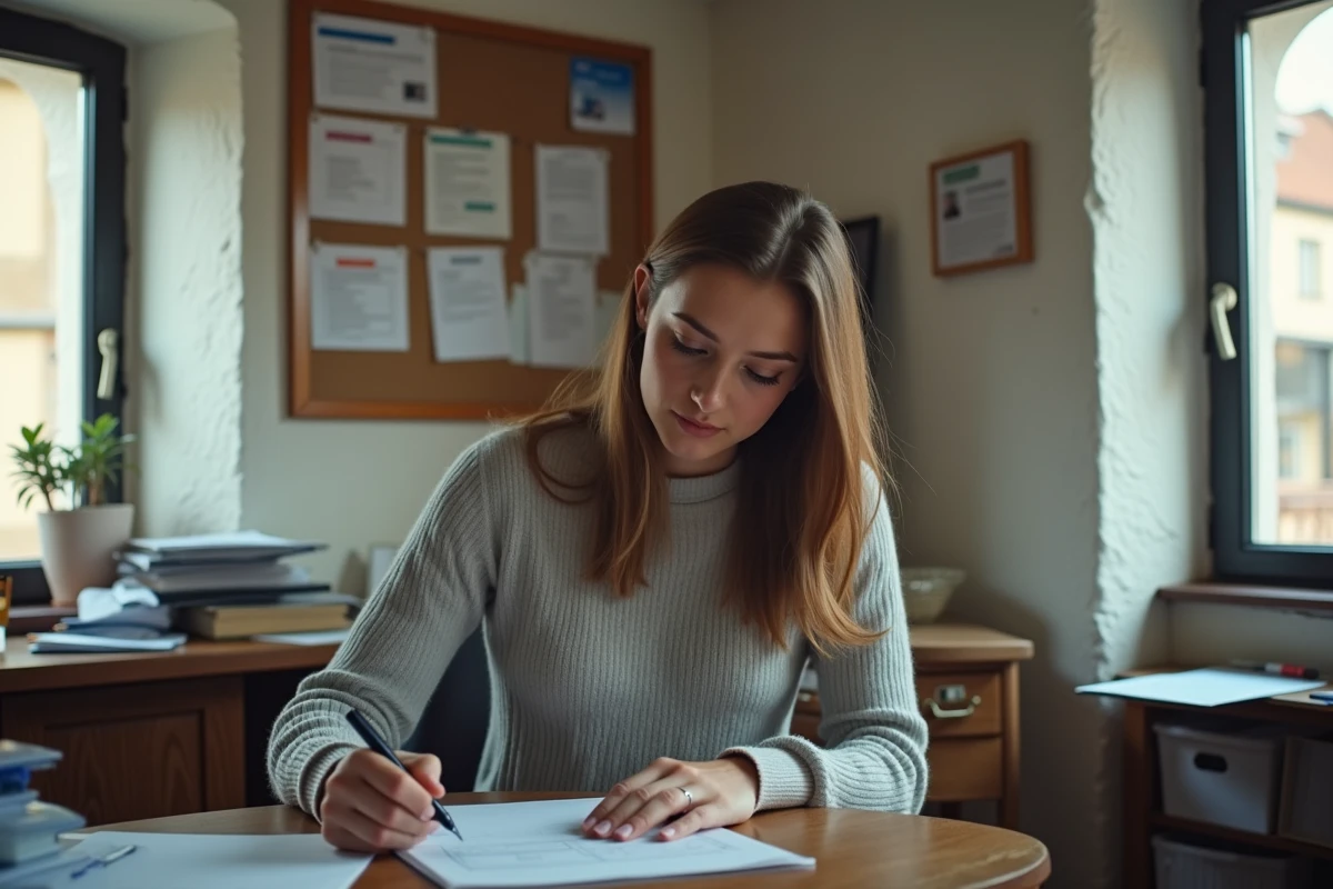 Jeune femme remplissant un dossier administratif pour une aide aux commerces dans un bureau alsacien