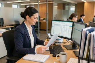 DRH femme analysant des codes de catégories socioprofessionnelles sur des documents de paie dans un bureau moderne