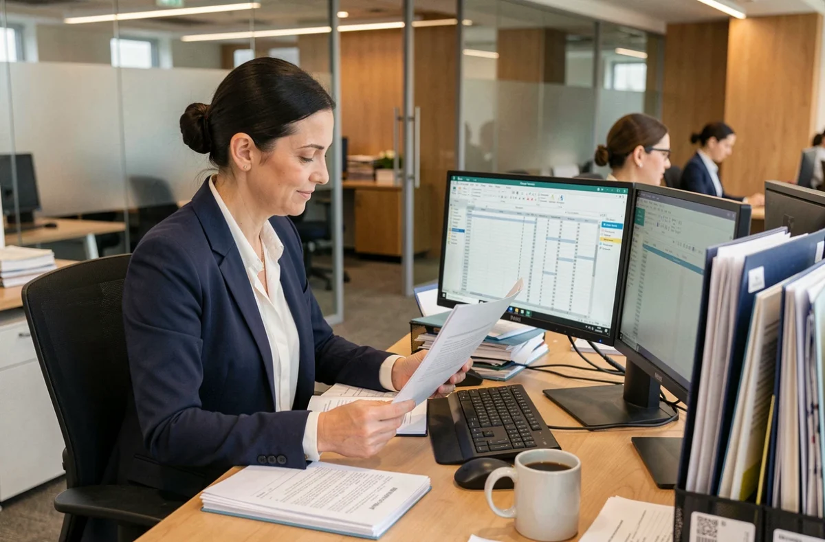 DRH femme analysant des codes de catégories socioprofessionnelles sur des documents de paie dans un bureau moderne