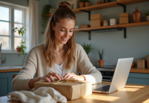 Femme emballant des produits dans une cuisine lumineuse