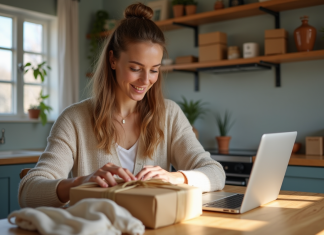Femme emballant des produits dans une cuisine lumineuse