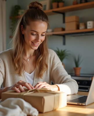 Femme emballant des produits dans une cuisine lumineuse