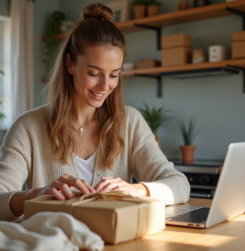 Trouver des clients pour son travail d’emballage à domicile Femme emballant des produits dans une cuisine lumineuse