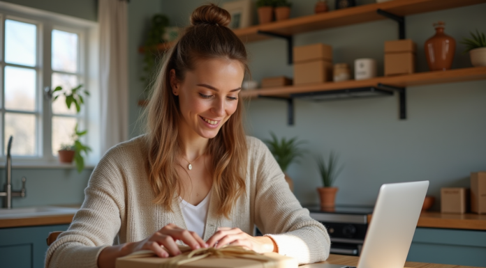 Femme emballant des produits dans une cuisine lumineuse