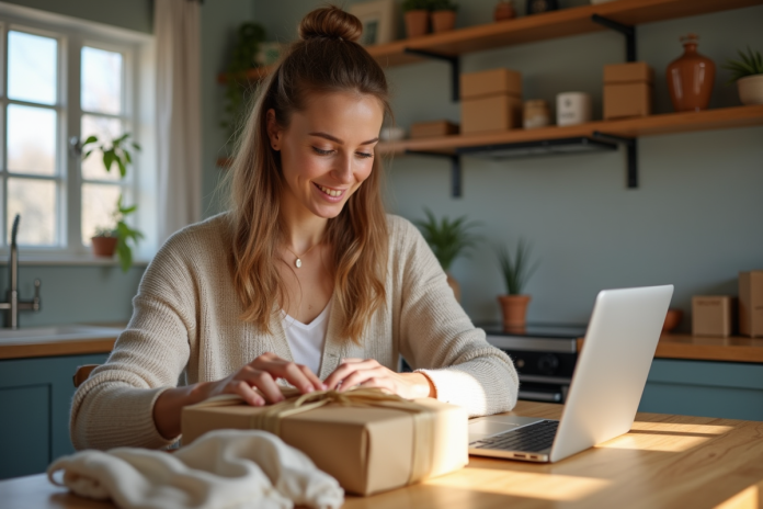 Femme emballant des produits dans une cuisine lumineuse