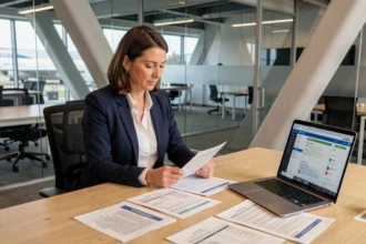 Employée du CSE Dassault Aviation Saint-Cloud consultant son portail d'avantages sociaux au bureau