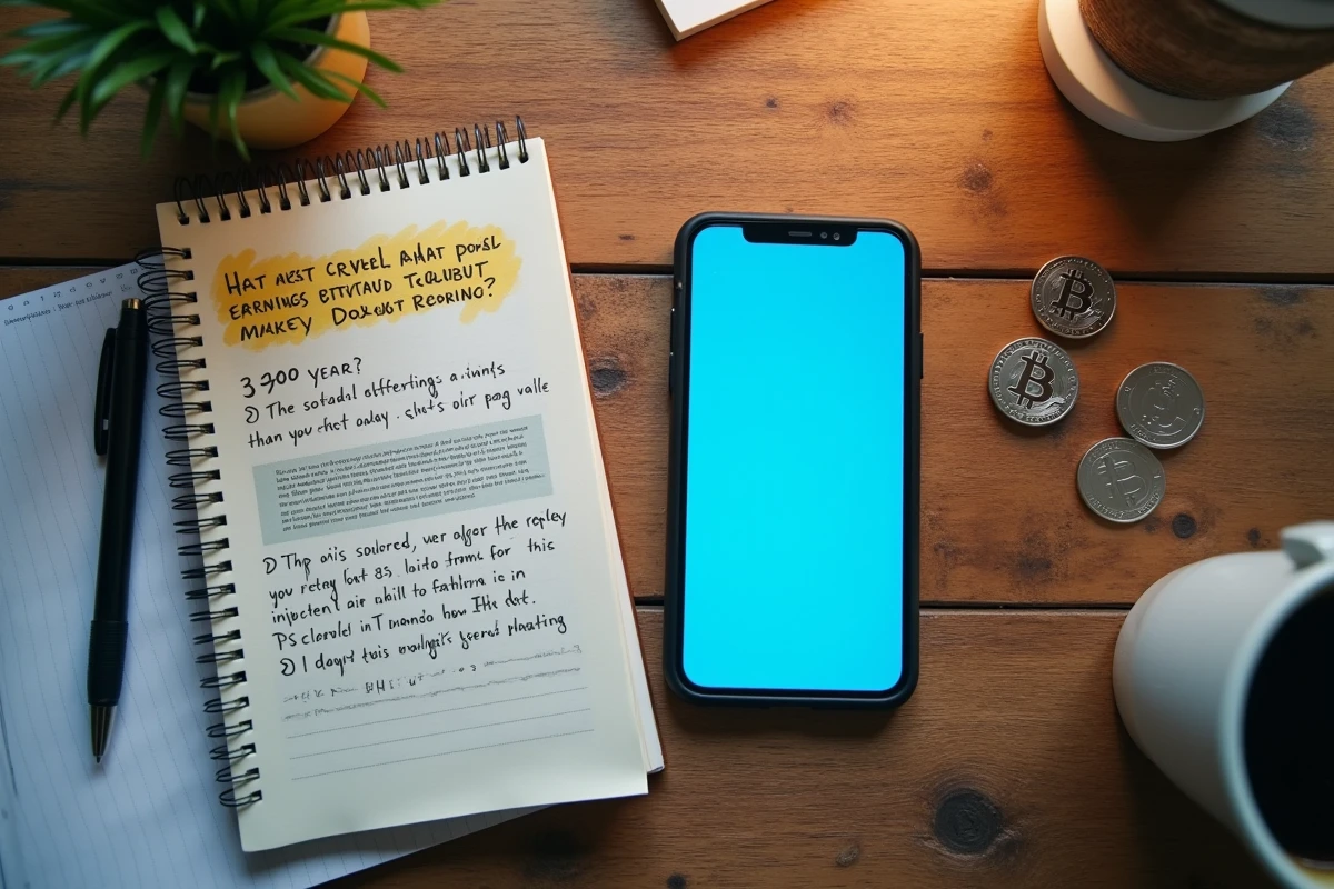 Vue aérienne d'un bureau avec smartphone affichant un profil de gains en cryptomonnaie, notes manuscrites et documents surlignés évoquant une enquête sur RobTheCoins