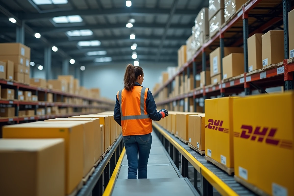 Entrepôt de tri DHL international avec des colis sur des tapis roulants et une employée scannant des boîtes lors de perturbations liées à une grève
