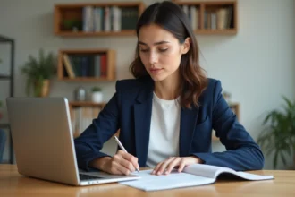 Femme entrepreneur comparant les formules tarifaires d'outils IA sur un ordinateur portable dans un bureau à domicile moderne