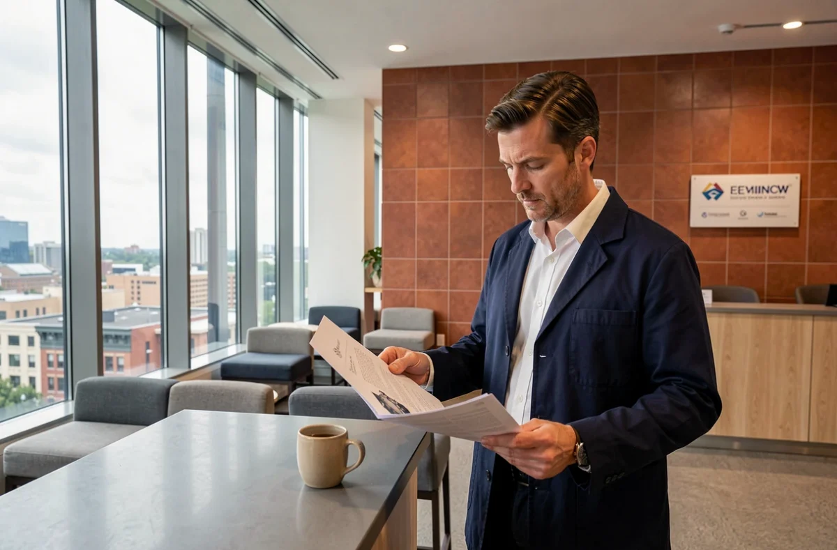 Entrepreneur masculin consultant des documents dans un espace de coworking moderne avec vue sur la ville à La Roche-sur-Yon