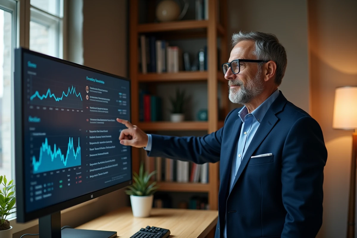 Entrepreneur expliquant les métriques d'une plateforme commerciale devant un écran dans un bureau à domicile