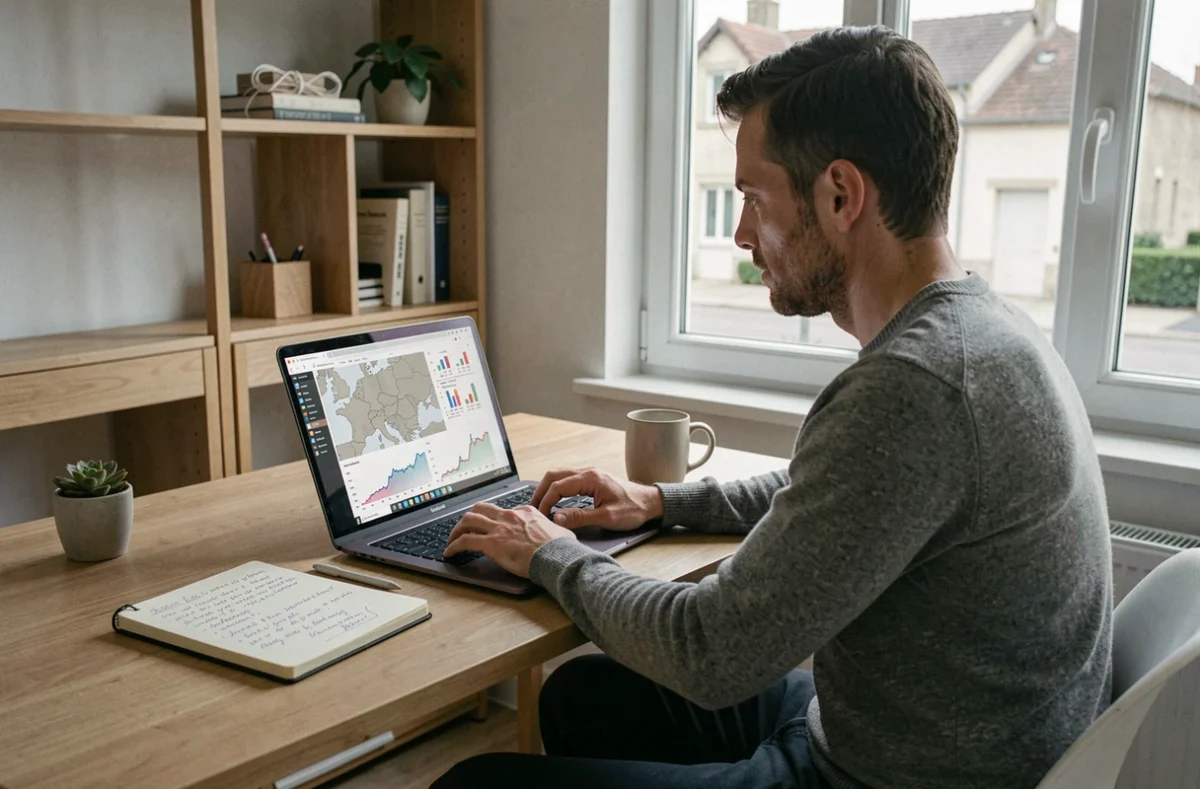 Entrepreneur consultant des données économiques de relocalisation d'activité sur un ordinateur portable dans un bureau à domicile