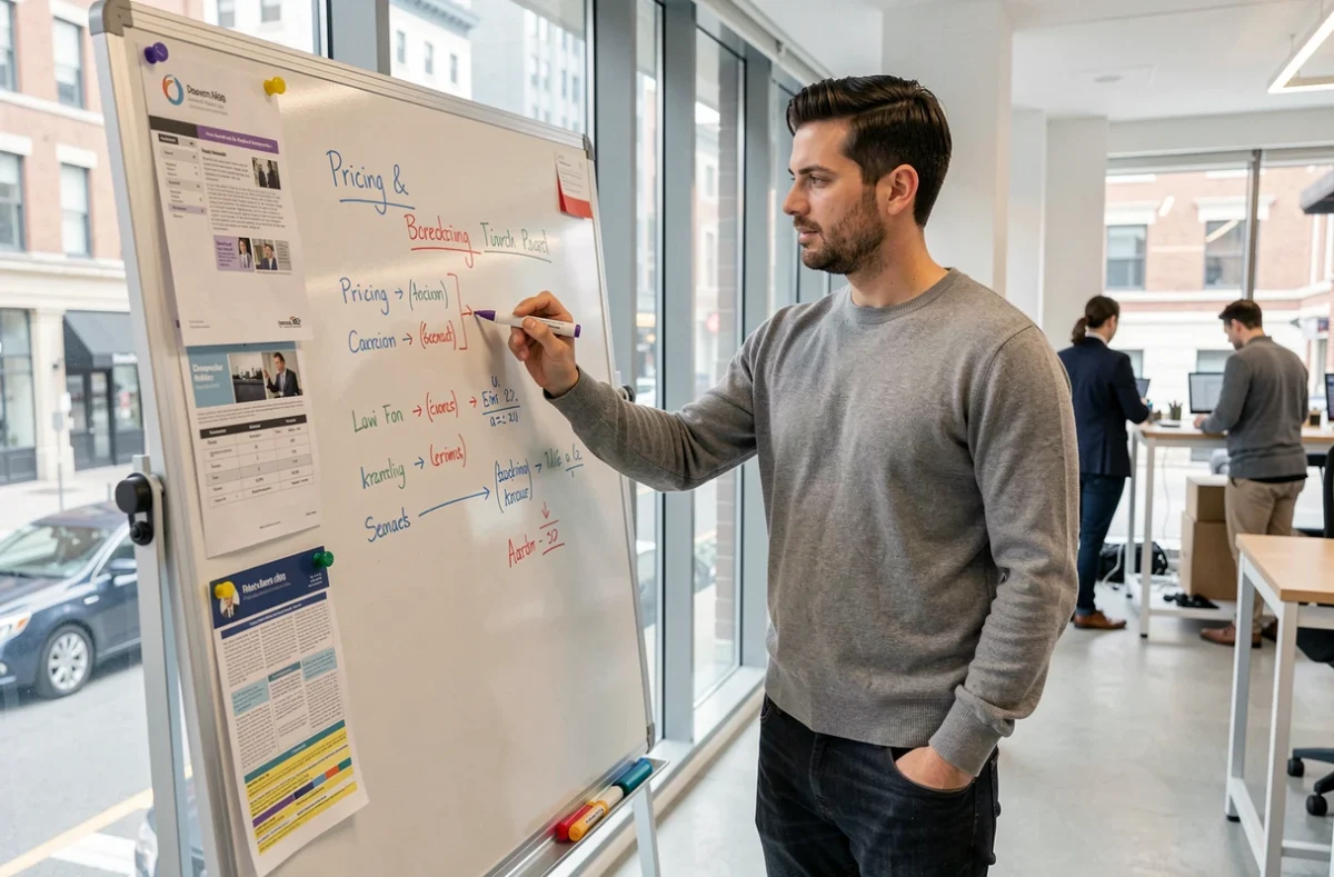 Entrepreneur masculin développant une stratégie de tarification sur tableau blanc dans un espace de coworking moderne