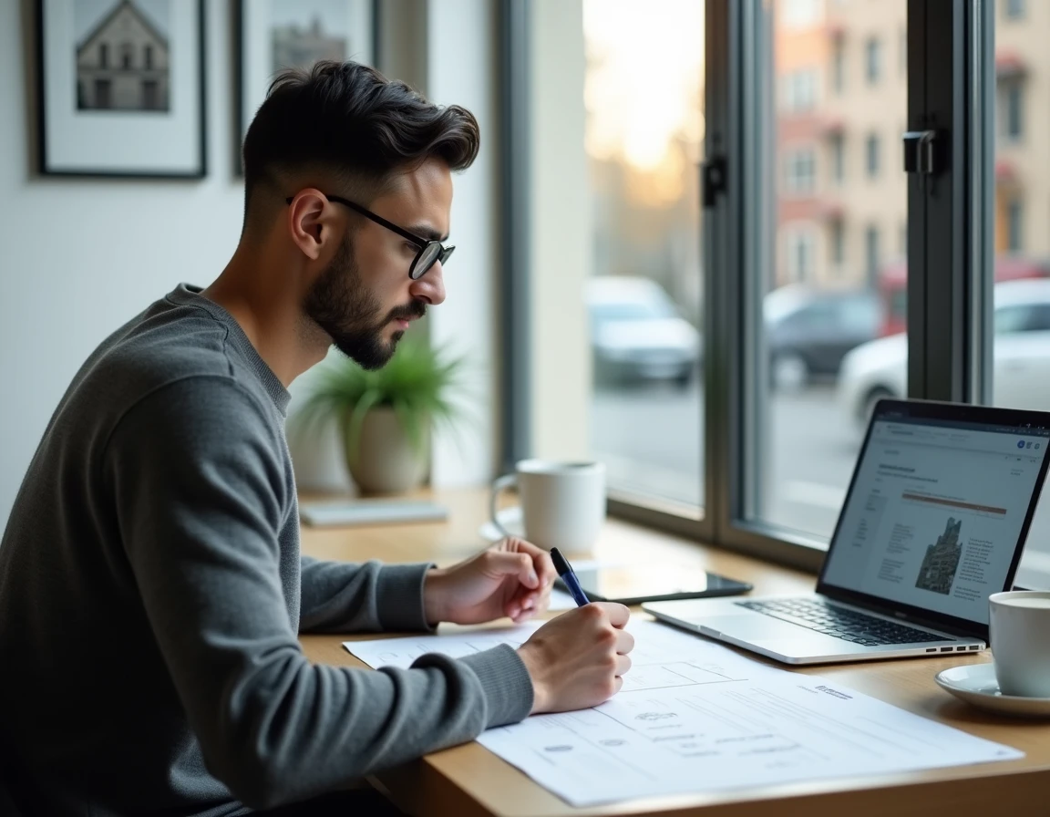 Entrepreneur concentré travaillant seul sur une analyse SWOT manuscrite pour structurer un projet innovant depuis son bureau à domicile