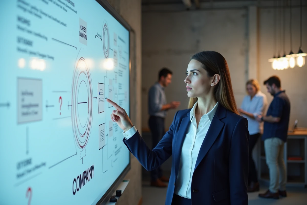 Femme entrepreneur analysant des documents d'enregistrement d'une société douteuse sur un tableau blanc dans un espace de travail moderne