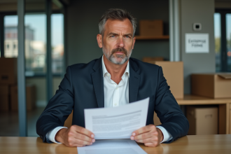 Chef d'entreprise assis devant bureau vide et signe ferme