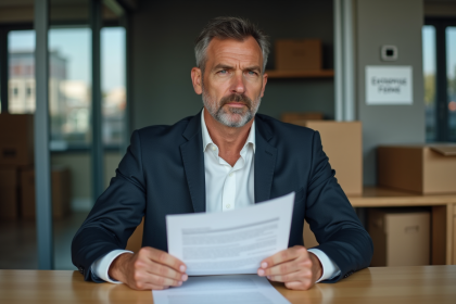 Chef d'entreprise assis devant bureau vide et signe ferme