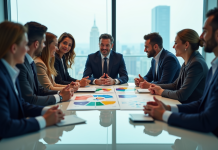 Stratégie de diversification en entreprise : quelles utilisations ? Groupe de professionnels en réunion autour d'un graphique marché