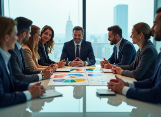 Groupe de professionnels en réunion autour d'un graphique marché