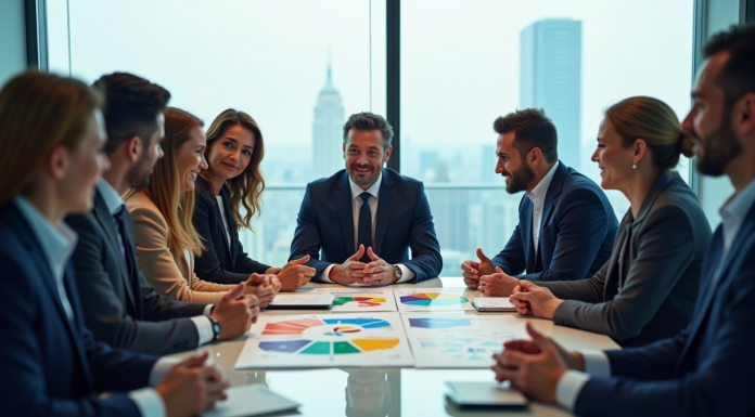 Stratégie de diversification en entreprise : quelles utilisations ? Groupe de professionnels en réunion autour d'un graphique marché