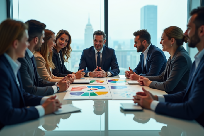 equipe-affaires-discussion-graphes Groupe de professionnels en réunion autour d'un graphique marché