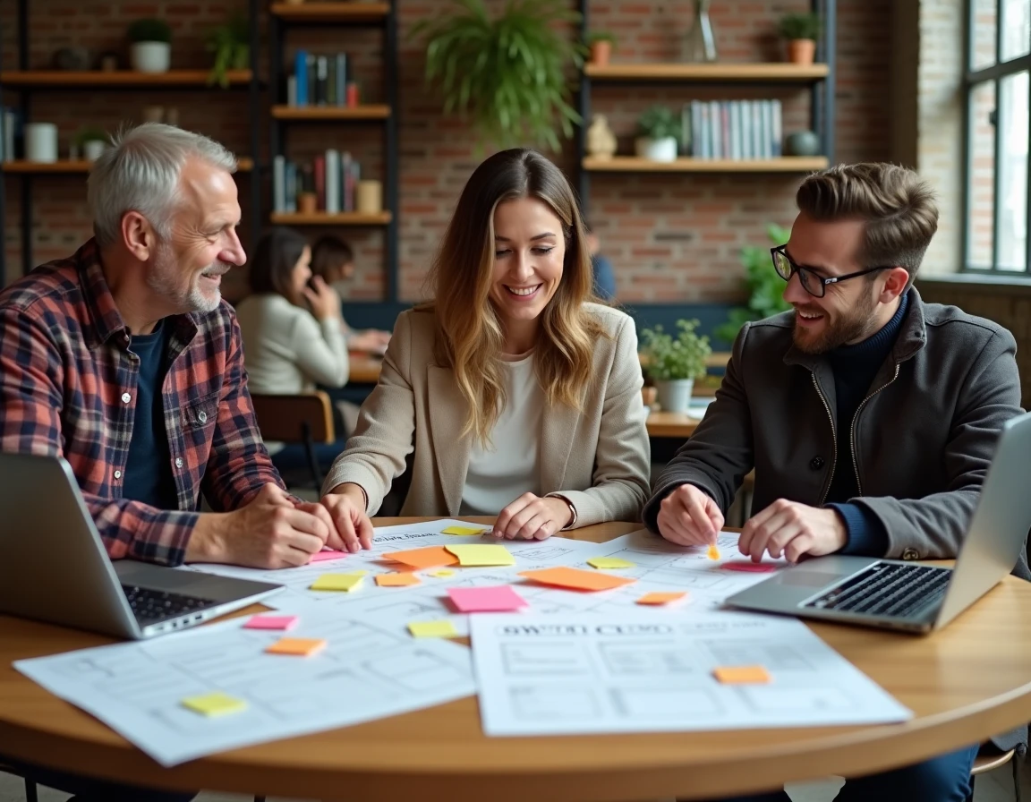 Équipe multidisciplinaire collaborant sur une analyse SWOT pour développer un projet innovant en espace de coworking