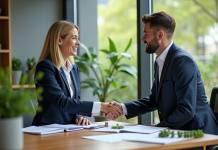 Partenariat développement durable : Pourquoi est-il crucial pour l’avenir ? Deux professionnels se serrant la main dans un bureau moderne