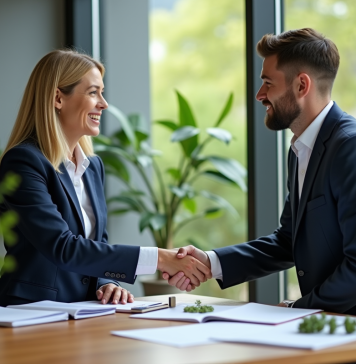 Partenariat développement durable : Pourquoi est-il crucial pour l’avenir ? Deux professionnels se serrant la main dans un bureau moderne