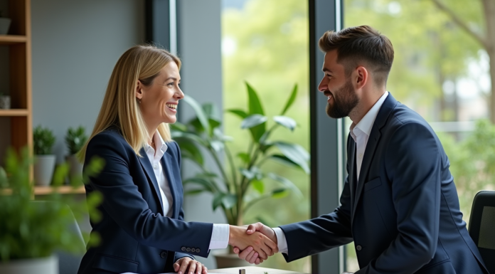 Deux professionnels se serrant la main dans un bureau moderne