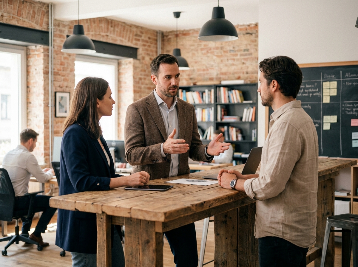 Équipe en discussion informelle autour d'un bureau debout dans un espace de coworking lors d'une période de transition professionnelle