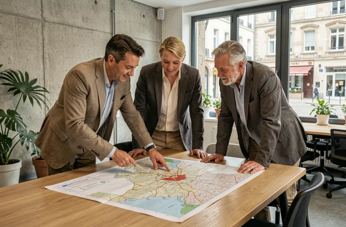 Équipe de professionnels analysant une carte régionale pour choisir une zone d'implantation d'entreprise en France