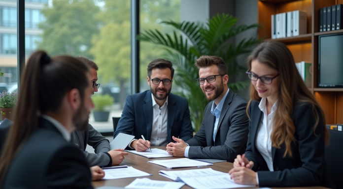 Groupe de professionnels RH en réunion dans un bureau moderne