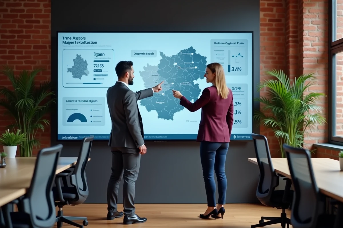Équipe marketing B2B discutant d'une stratégie SEO locale en Alsace avec carte de prospection digitale